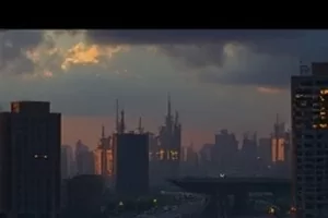 云层之上飞机舷窗外的橙红天际